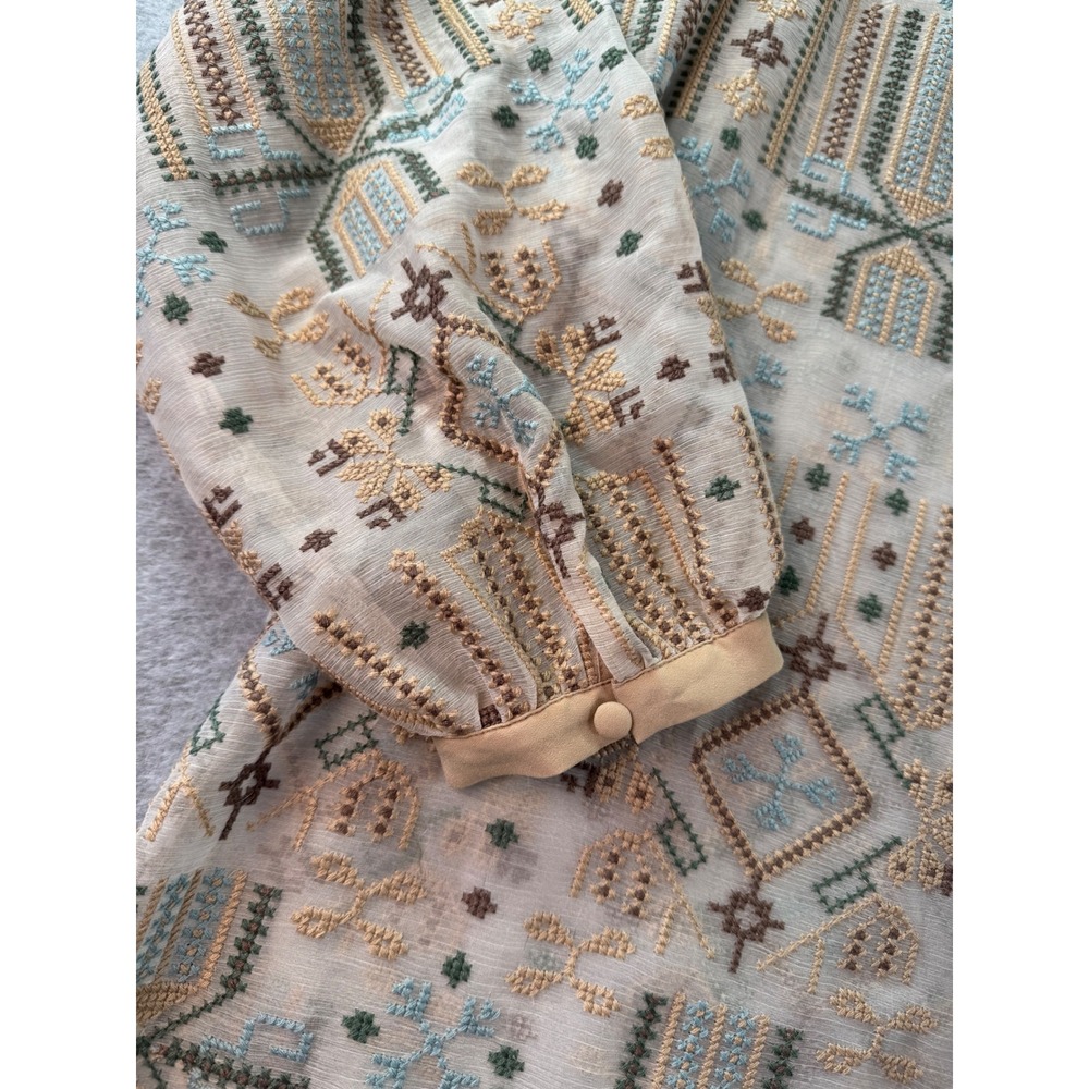 Soft Surroundings Reglan Sanibella Embroidered Boho Blouse 3X Ivory Blue Sheer - Picture 2 of 10